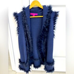 Lilly Pulitzer Torini Navy Faux Fur Trim vest size small